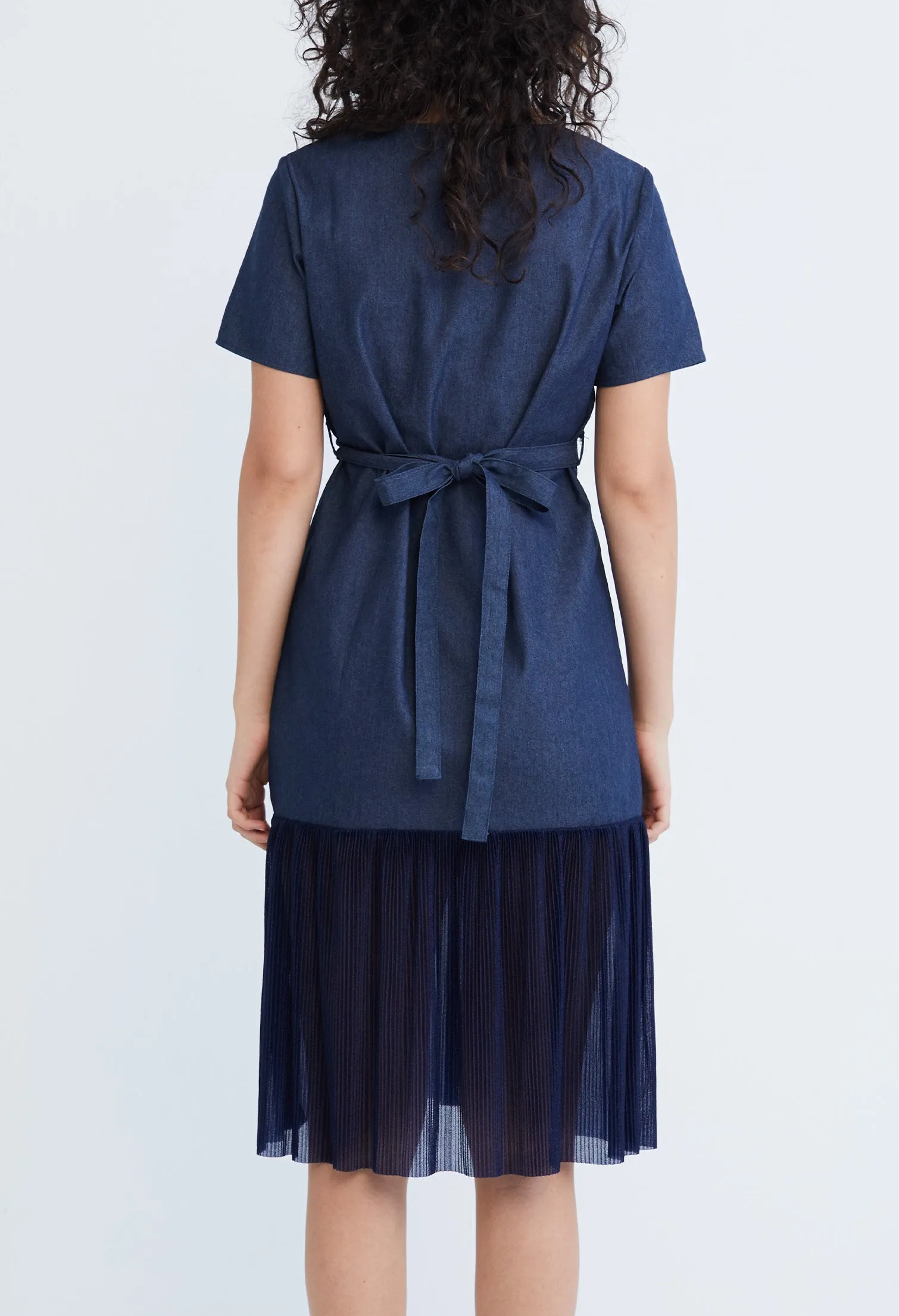 Denim Chiffon Pleated Combo Fabric Belted Dress